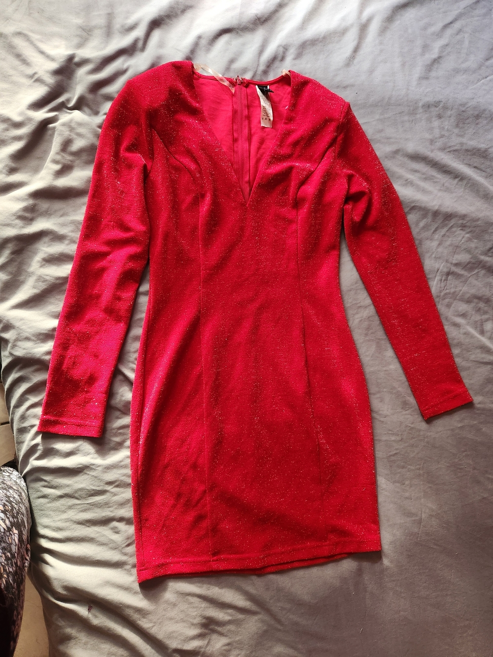 Red Long-Sleeve V-Neck Mini Dress